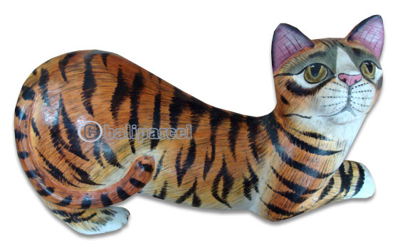 Wooden Cat With Painted, Hand Carved From Albesia Wood