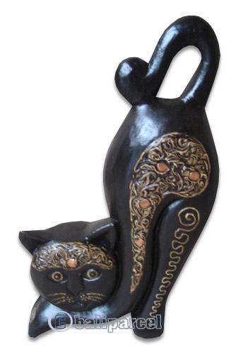 Wooden Cat With Painted, Hand Carved From Albesia Wood