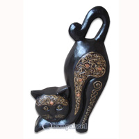 Wooden Cat With Painted, Hand Carved From Albesia Wood