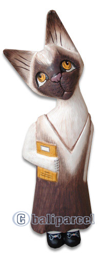Wooden Cat With Painted, Hand Carved From Albesia Wood