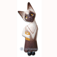 Wooden Cat With Painted, Hand Carved From Albesia Wood