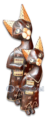 Wooden Cat Set Of 3 With Painted, Hand Carved From Albesia Wood