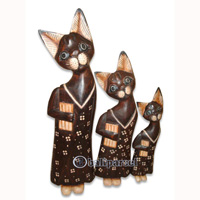 Wooden Cat Set Of 3 With Painted, Hand Carved From Albesia Wood