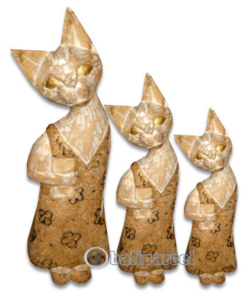 Wooden Cat Set Of 3 With Painted, Hand Carved From Albesia Wood