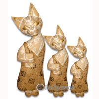 Wooden Cat Set Of 3 With Painted, Hand Carved From Albesia Wood