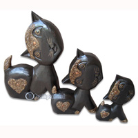 Wooden Cat Set Of 3 With Painted, Hand Carved From Albesia Wood