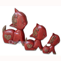 Wooden Cat Set Of 3 With Painted, Hand Carved From Albesia Wood
