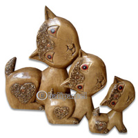 Wooden Cat Set Of 3 With Painted, Hand Carved From Albesia Wood