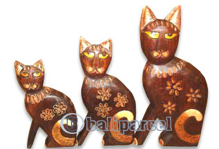 Wooden Cat Set Of 3 With Painted, Hand Carved From Albesia Wood