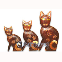 Wooden Cat Set Of 3 With Painted, Hand Carved From Albesia Wood