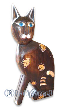 Wooden Cat With Painted, Hand Carved From Albesia Wood