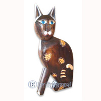 Wooden Cat With Painted, Hand Carved From Albesia Wood