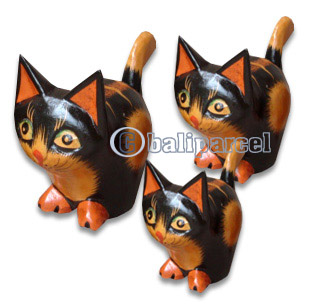 Wooden Cat Set Of 3 With Painted, Hand Carved From Albesia Wood
