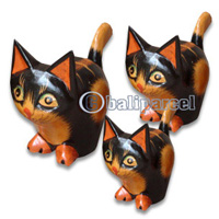 Wooden Cat Set Of 3 With Painted, Hand Carved From Albesia Wood
