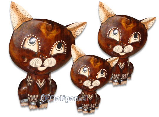 Wooden Cat Set Of 3 With Painted, Hand Carved From Albesia Wood