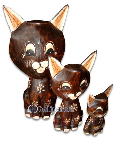 Wooden Cat Set Of 3 With Painted, Hand Carved From Albesia Wood