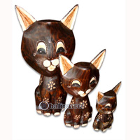 Wooden Cat Set Of 3 With Painted, Hand Carved From Albesia Wood