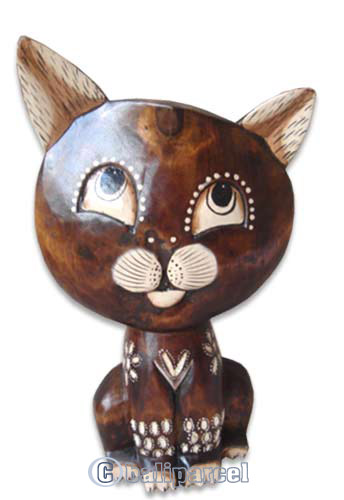 Wooden Cat With Painted, Hand Carved From Albesia Wood