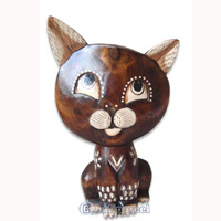 Wooden Cat With Painted, Hand Carved From Albesia Wood