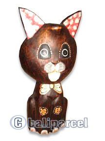 Wooden Cat With Painted, Hand Carved From Albesia Wood