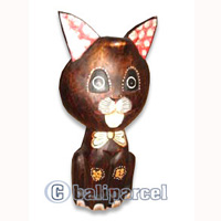 Wooden Cat With Painted, Hand Carved From Albesia Wood
