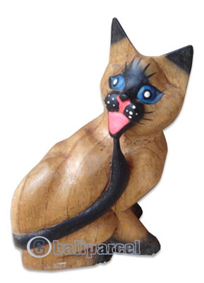 Wooden Cat With Painted, Hand Carved From Hibiscus Wood