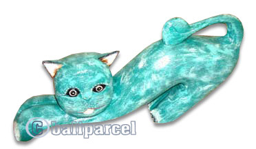 Wooden Cat With Painted, Hand Carved From Albesia Wood
