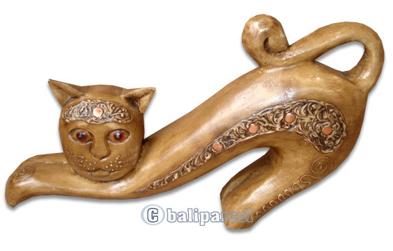 Wooden Cat With Painted, Hand Carved From Albesia Wood