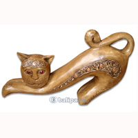 Wooden Cat With Painted, Hand Carved From Albesia Wood