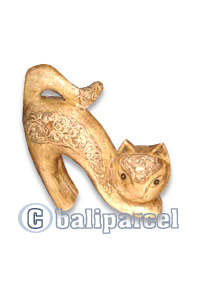 Wooden Cat With Painted, Hand Carved From Albesia Wood