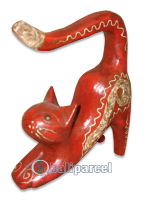 Wooden Cat With Painted, Hand Carved From Albesia Wood
