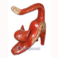 Wooden Cat With Painted, Hand Carved From Albesia Wood