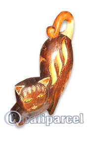Wooden Cat With Painted, Hand Carved From Albesia Wood