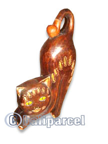 Wooden Cat With Painted, Hand Carved From Albesia Wood