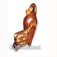 Wooden Cat With Painted, Hand Carved From Albesia Wood