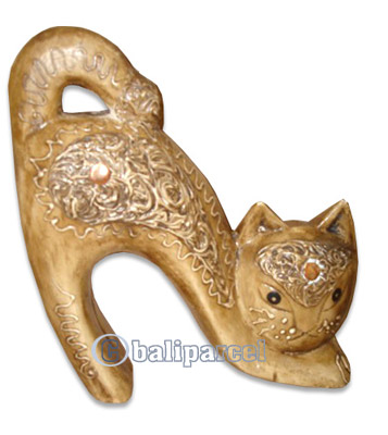 Wooden Cat With Painted, Hand Carved From Albesia Wood