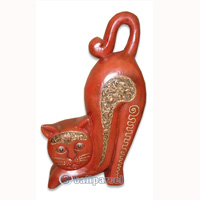 Wooden Cat With Painted, Hand Carved From Albesia Wood