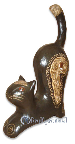 Wooden Cat With Painted, Hand Carved From Albesia Wood