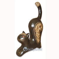 Wooden Cat With Painted, Hand Carved From Albesia Wood