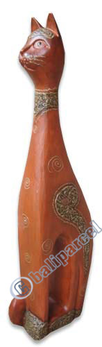 Wooden Cat With Painted, Hand Carved From Albesia Wood