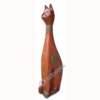 Wooden Cat With Painted, Hand Carved From Albesia Wood