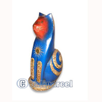 Wooden Cat With Painted, Hand Carved From Albesia Wood
