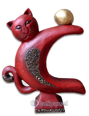Wooden Cat With Painted, Hand Carved From Albesia Wood