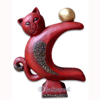 Wooden Cat With Painted, Hand Carved From Albesia Wood