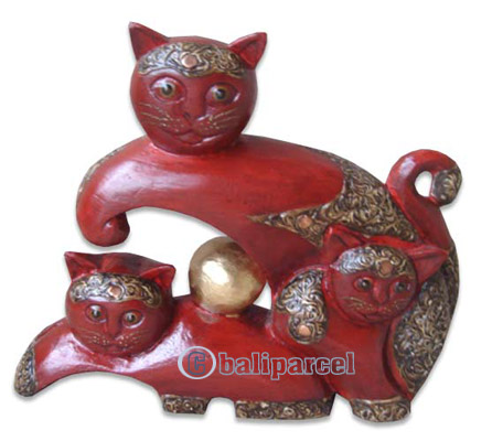 Wooden Cat With Painted, Hand Carved From Albesia Wood