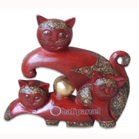 Wooden Cat With Painted, Hand Carved From Albesia Wood