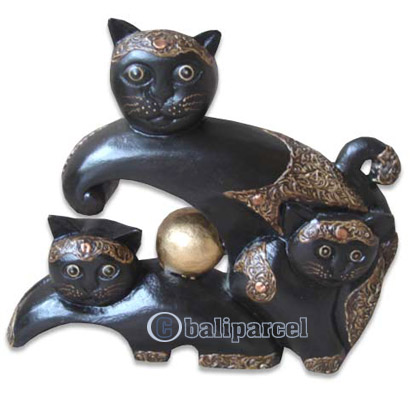 Wooden Cat With Painted, Hand Carved From Albesia Wood