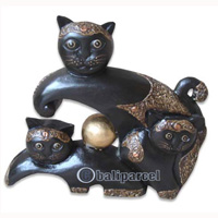 Wooden Cat With Painted, Hand Carved From Albesia Wood