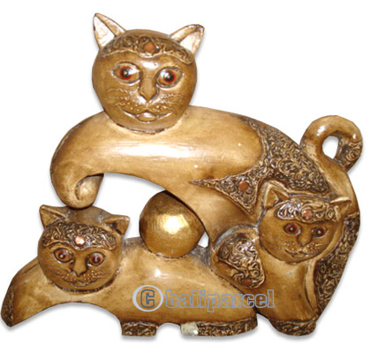 Wooden Cat With Painted, Hand Carved From Albesia Wood