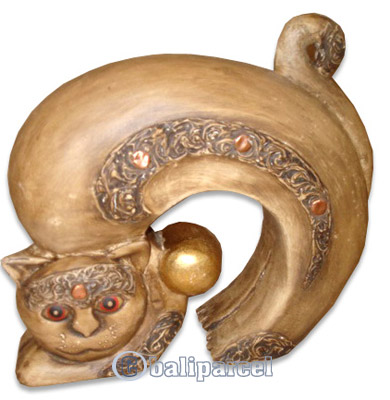 Wooden Cat With Painted, Hand Carved From Albesia Wood
